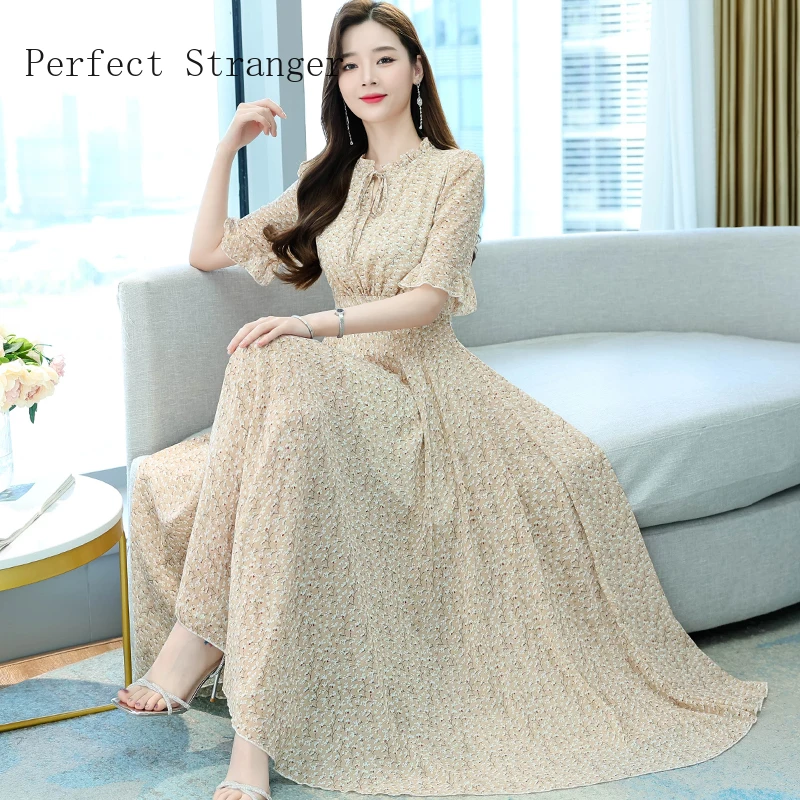 

Summer Beach V-Neck Maxi Dress 2022 Half Sleeve Tea-Length A-Line Chiffon Floral Print Red Elegant Big Swing Party Dress Vestido