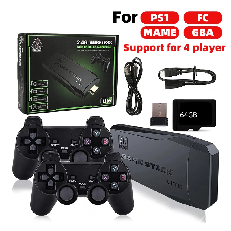 Игровая консоль 4K HD видео 64 Гб 2 4G двойной беспроводной контроллер для PS1/FC/MD Ретро
