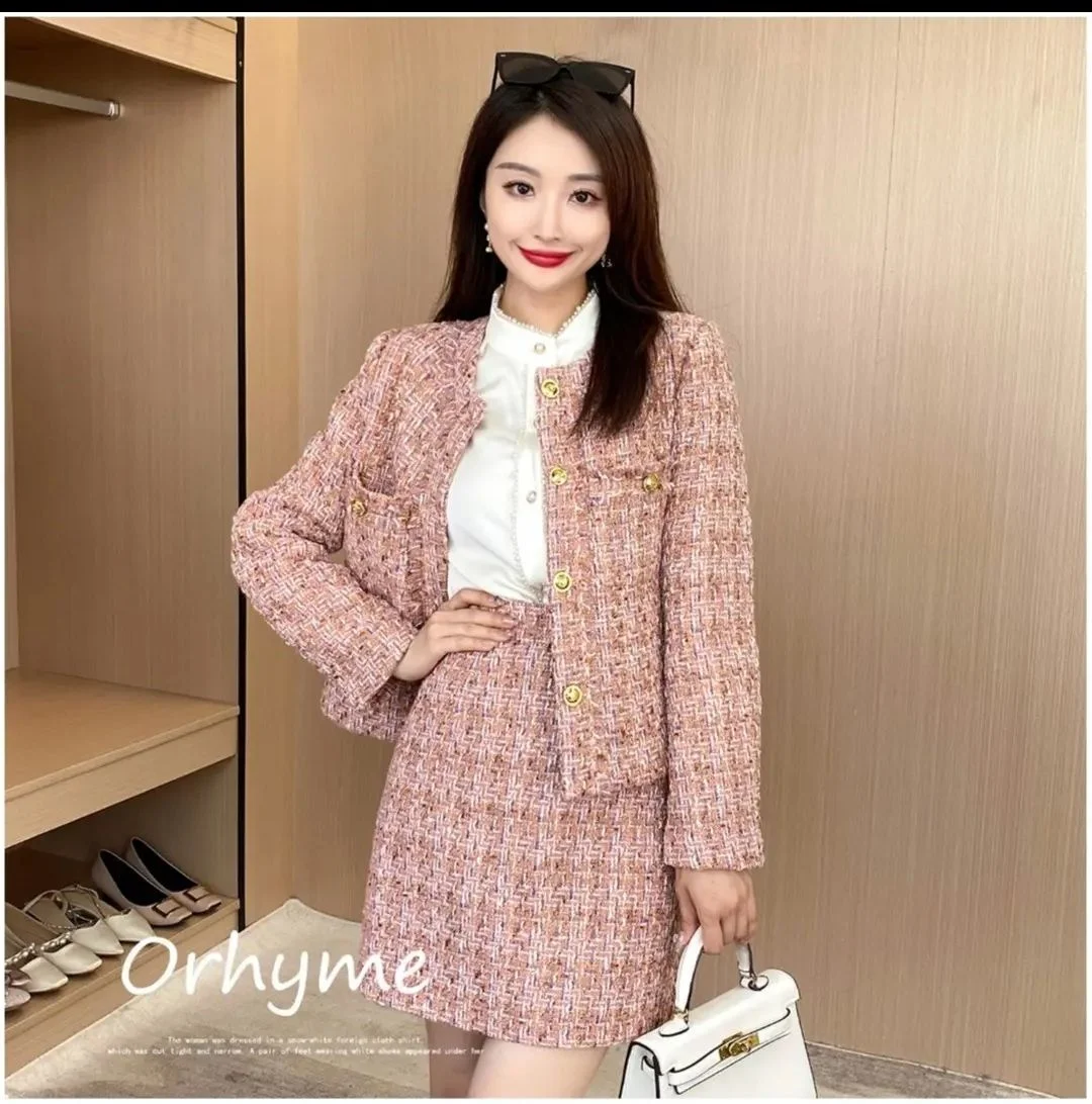 

Pink Plaid Tweed Jackets Dress Suits Two Piece Sets Womens Outifits Short Skirt Sets Korean Style 2022 Fall Winter Clothes