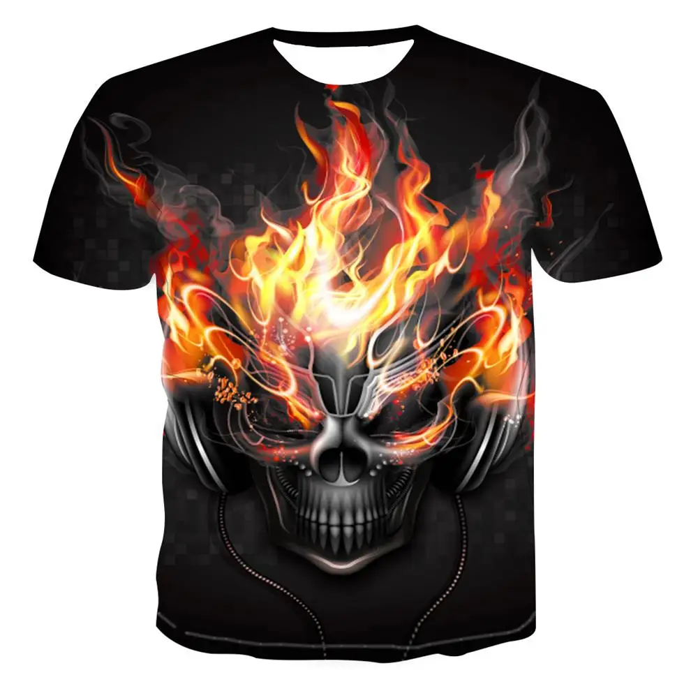 

2022 Summer New Men's T-shirt Flame Skull Print Cute Music Classic Simple Casual Teen Short-sleeved Oversized T-shirt