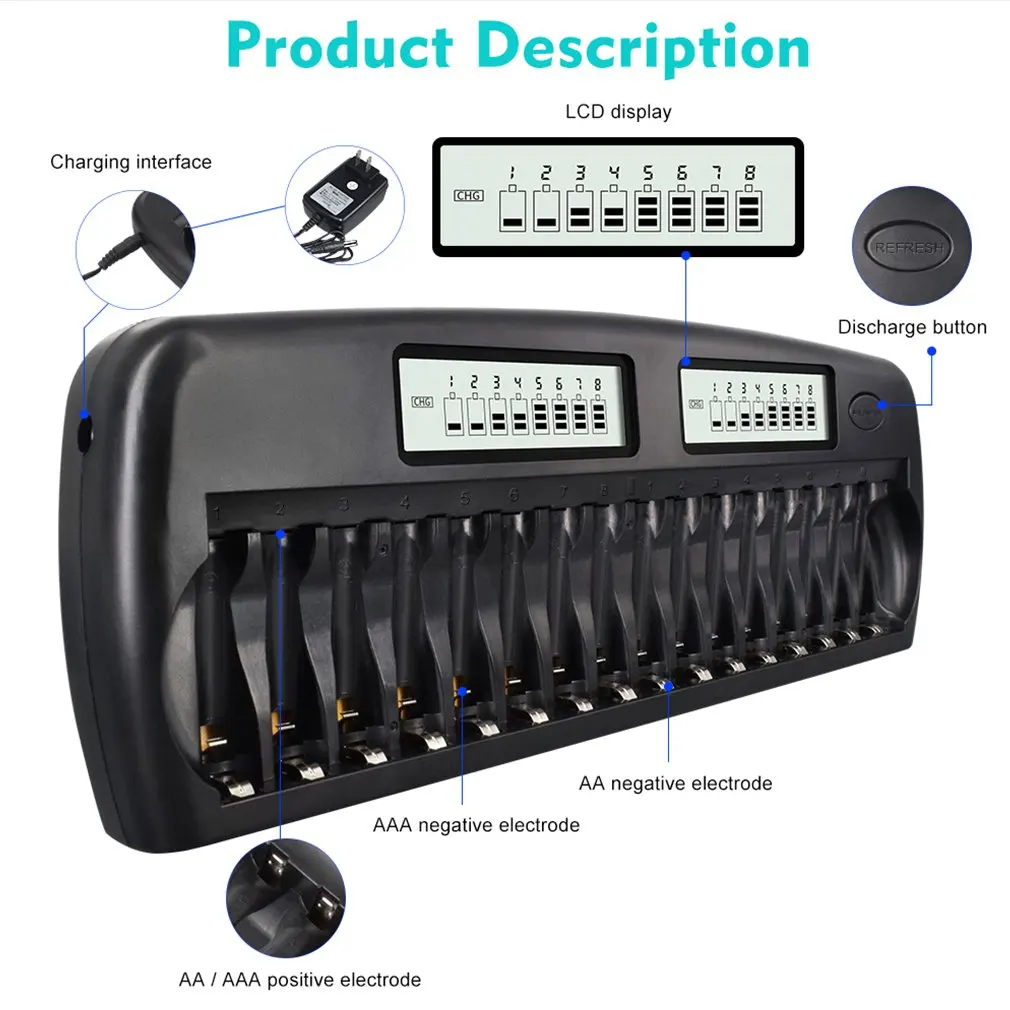 

New Multi-function Fast Charge And Discharge KTV Microphone Charger 16 Slot Lcd Display Smart Battery Charger Fast Delivery
