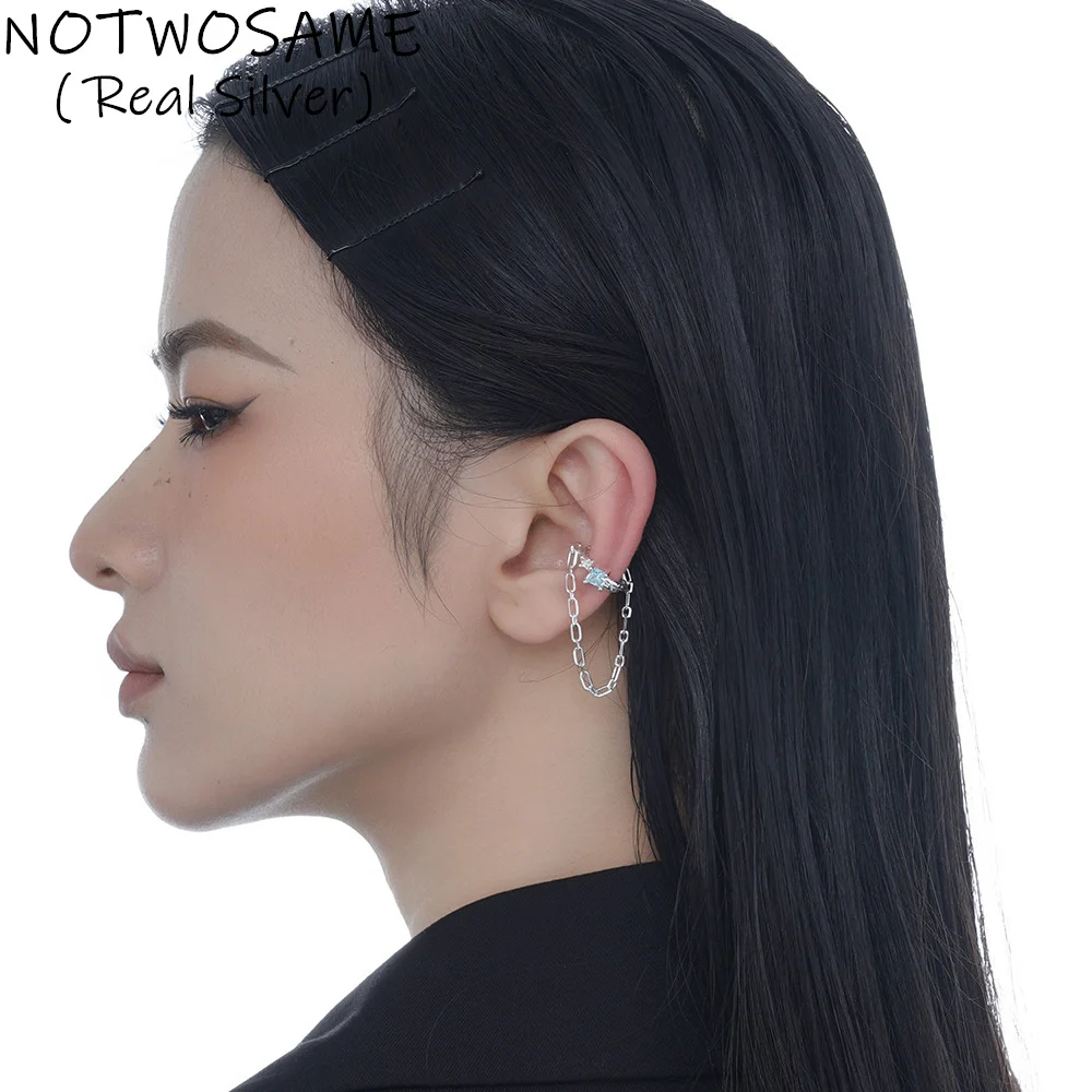 

NOTWOSAME 1Piece Fashion Crystals Ear Clips Women Pin Chains Tassel Unpierced Earrings 925 Silver Girls Students Jewelry Zircons