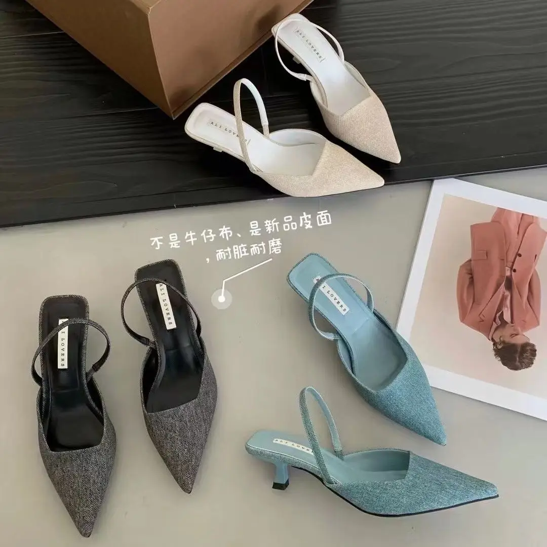 

Pointed Toe Women Sandals Fashion Dress Shoes Thin Mid Heels Black White Blue Elegant Summer Elastic Band Party Slides Pumps