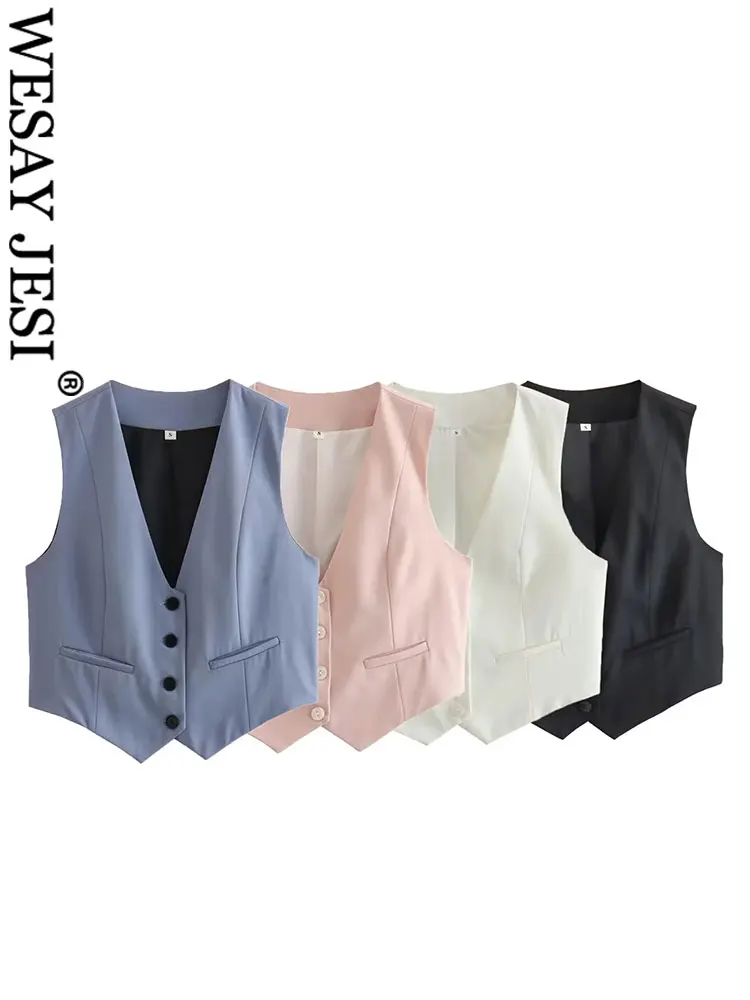 

WESAY JESI TRAF Spring Women Solid Casual Waistcoat Single Breasted V Neck Slim Cropped Vest Elegant Female Outerwear Chic Tops