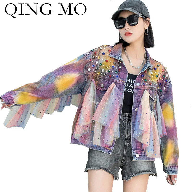

QING MO 2023 Spring Autumn Tassel Cowboy Coat Trendy Brand Rhinestones Sequins Splicing Mesh Super Fairy Cowboy Coat LHX127A