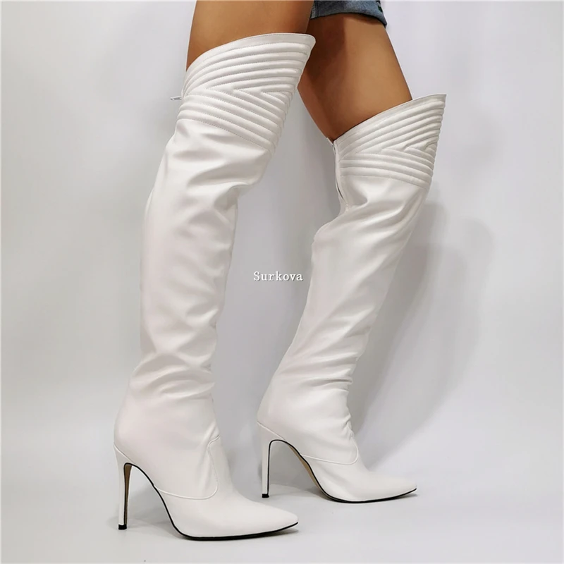 Fantasy White Over The Knee Boots Woman Sexy Pointed Toe Super High Heels Thigh High Boots Fashion Dress Zipper Thin Heels Shoes