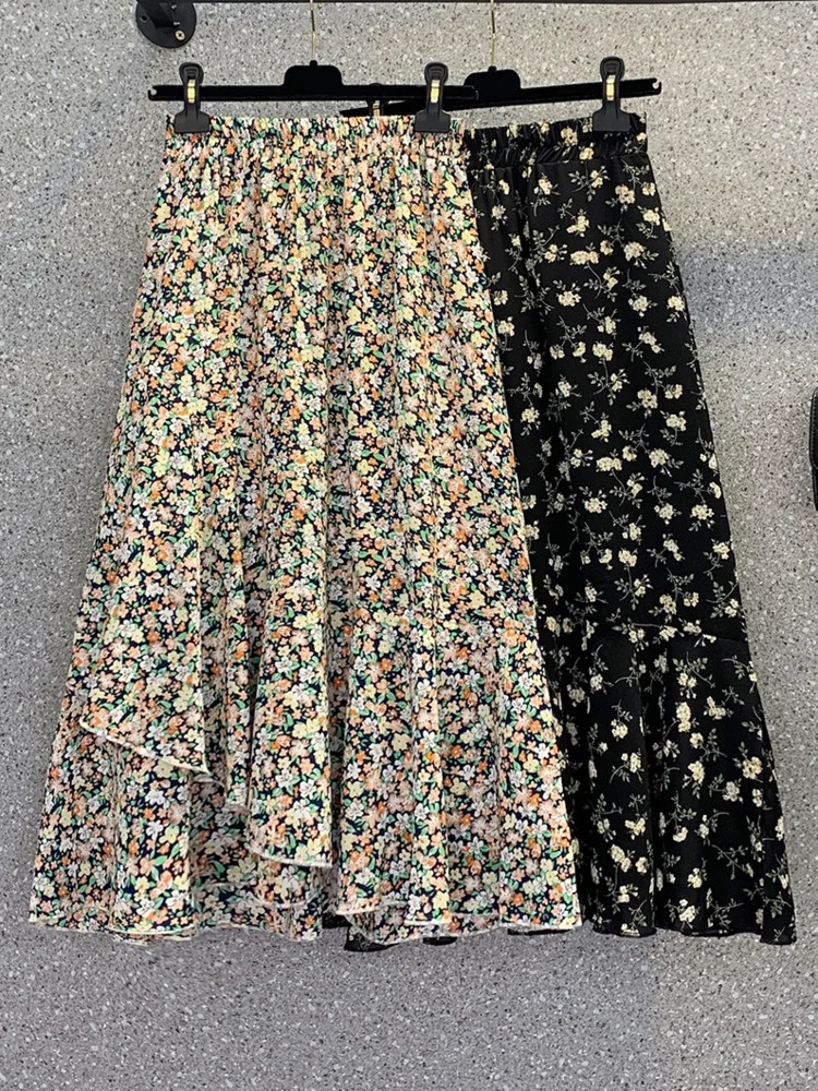 

Oversize Elastic Waist Floral long Skirts Women Summer straight Loose Ruffles A-line Vintage Skirts Female