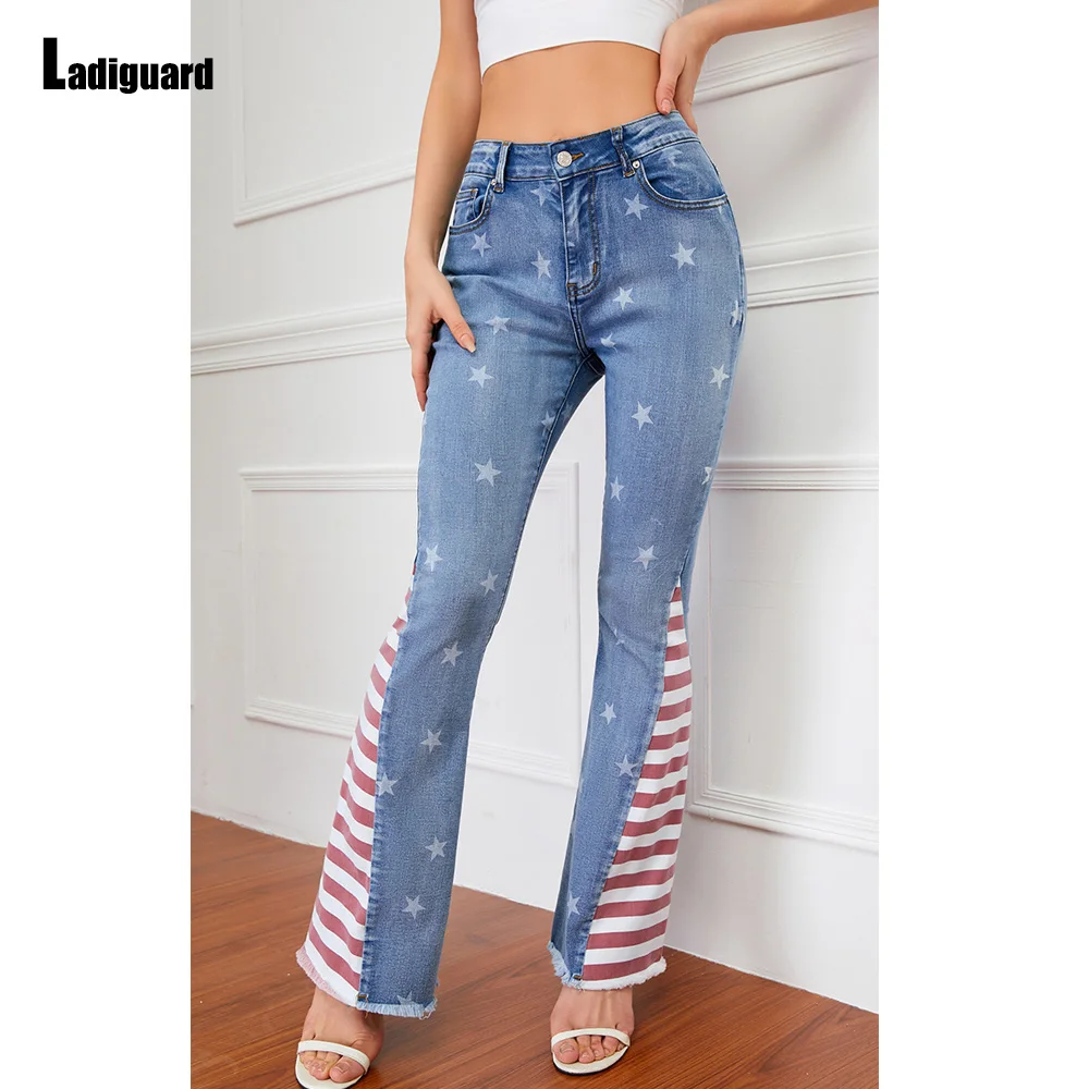 2023 Sexy Flare Pants Women Patchwork Striped Jeans Denim Pantalon Boyfriend Star Print Trouser High Cut Skinny Jeans Fall Pants