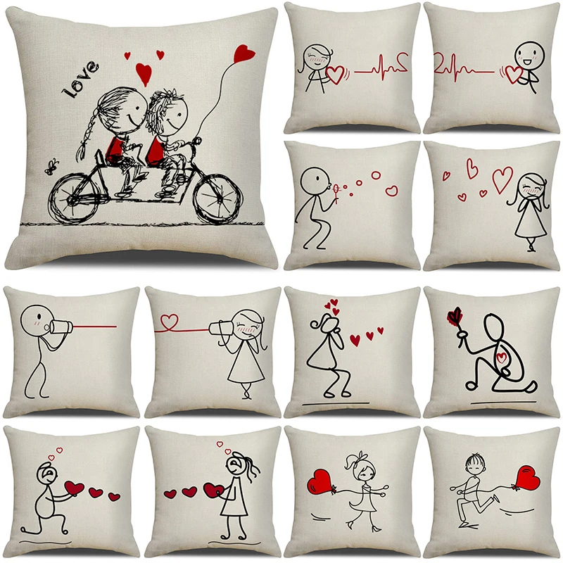 

1 Pcs Sweetheart Lover Pattern Cotton Linen Throw Pillow Cushion Cover Home Sofa Bed Wedding Decorative Pillowcase Valentine