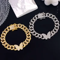 flatfoosie hip hop iced out butterfly cuban chain bracelet for women fashion bling crystal animal link bracelets party jewelry