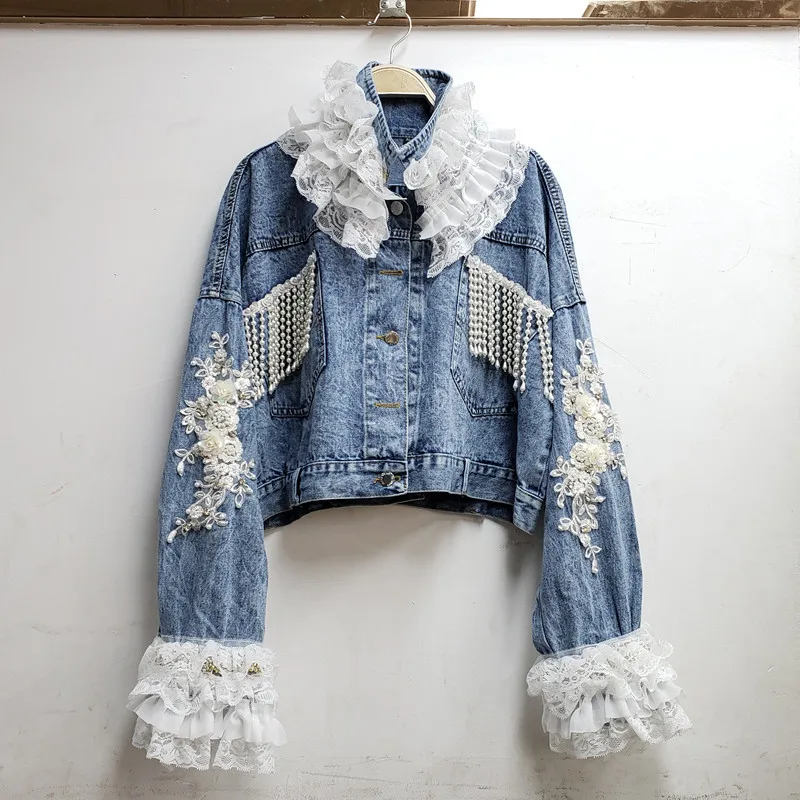 

Fashion Beading Mesh Splicing Ruffled Collar Denim Jacket Coat Women Cowboy Outwear Loose Short Embroidery Jeans Jacket Female