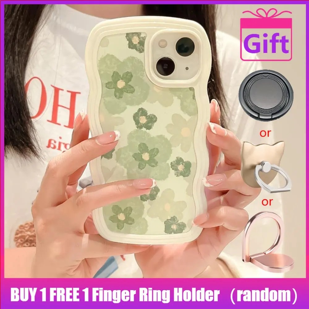 

iPhone Case Candy Color Wave 2-in-1 Silicone Airbag Shockproof Green Flowers For iPhone 11/12/13 Pro Max 7/8Plus xr XS Max