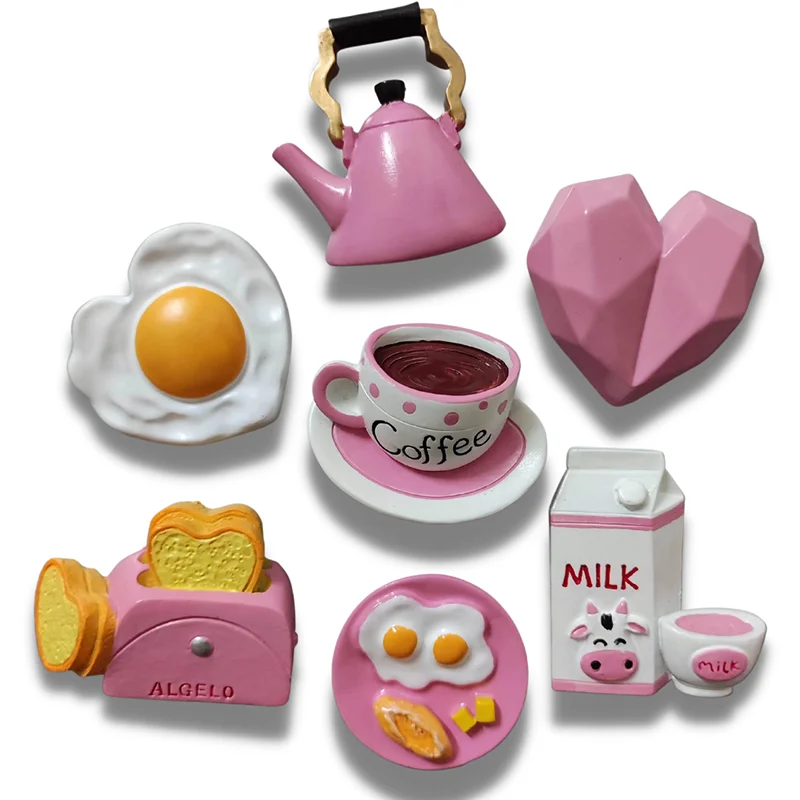 

3D имитация еды, стильные магниты на холодильник, розовое сердце, яйцо, круассаны, магнитные Декоративные наклейки для холодильника