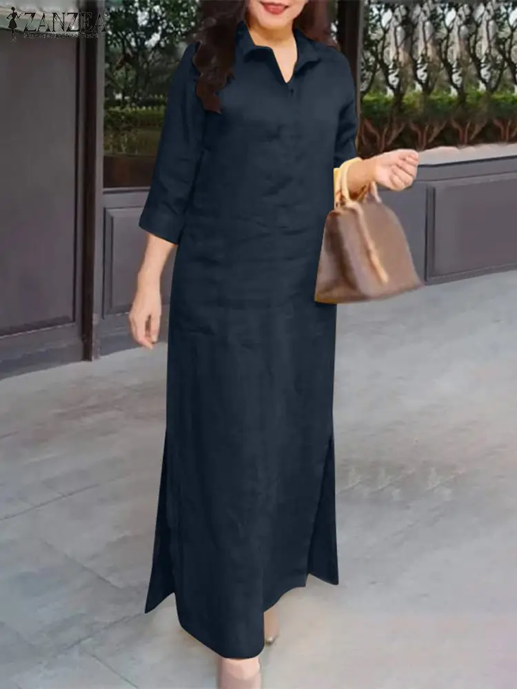 Модное однотонное платье-рубашка ZANZEA женское платье с рукавом 3/4 и воротником