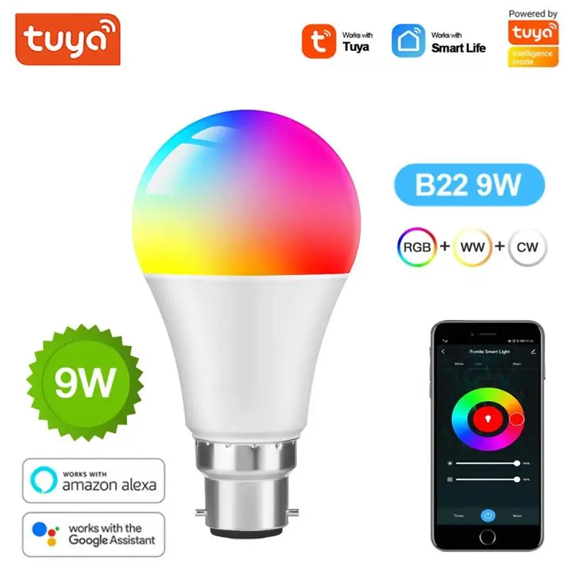 

Tuya WiFi Smart Light Bulb Bluetooth-compatible 9W B22 LED RGBCW Smart Bulb Voice Control Via Google Home Yandex Alice