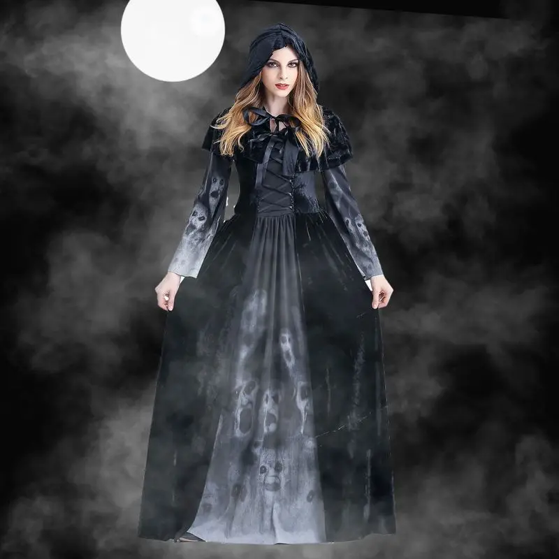 

2022 New Autumn Gothic Punk Halloween Death Long Dress Retro Horror Skeleton Cosplay Costume Stage Costume Women Clothing