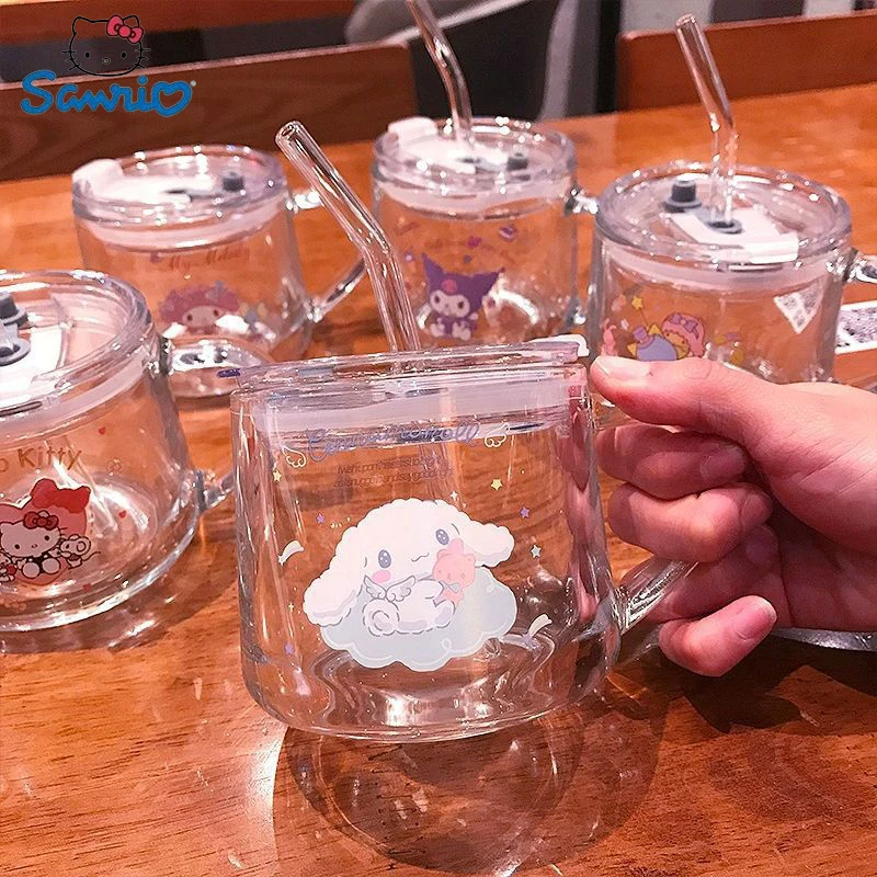 

380ml Sanrio Kitty My Melody Kuromi Cinnamoroll Breakfast Cup Straw With Lid Anime Kawaii Milk Juice Water Cup Glass Kid Gifts