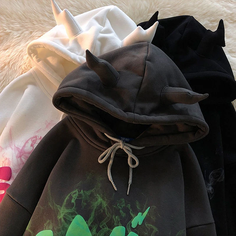 

Women Hoodies Horn Harajuku Letter Printed Oversized Pullover Vintage Gothic Aesthetic Sweatshirt Casual All-match K-pop Clothes