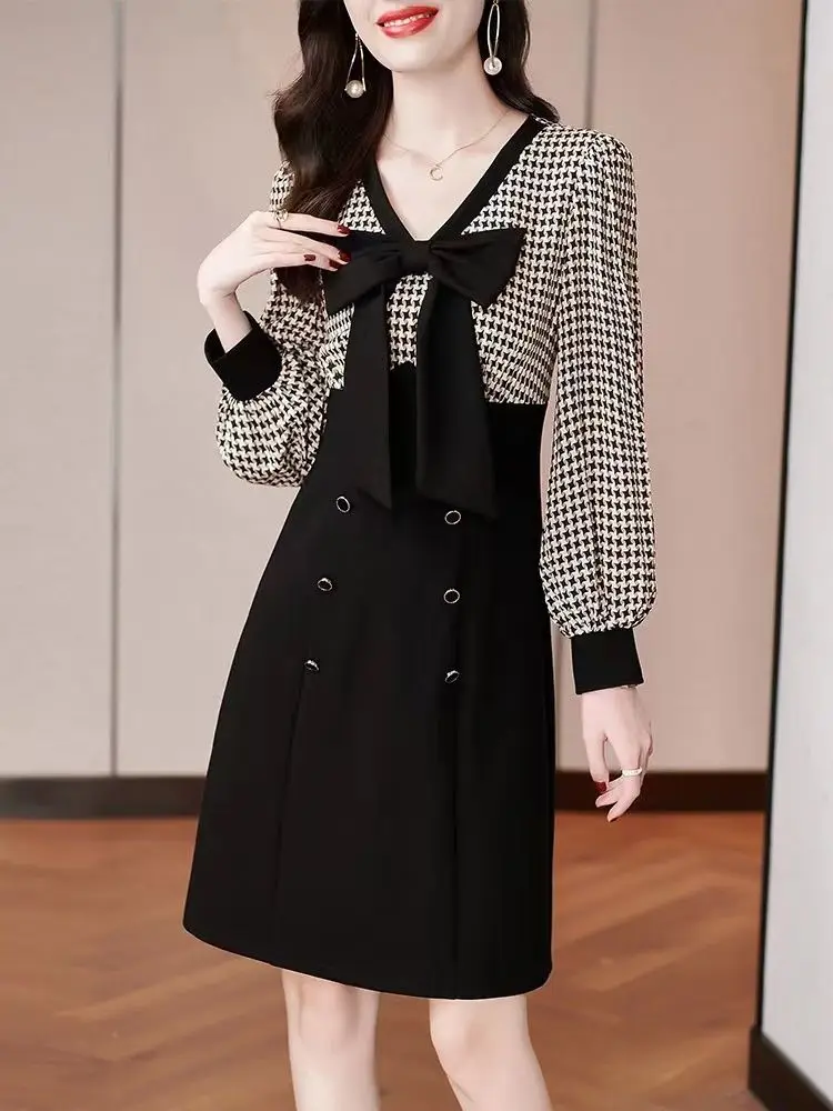 Женское платье с длинным рукавом, элегантное офисное платье составного кроя из двух частей в стиле ретро, модель V483 на осень, 2023
