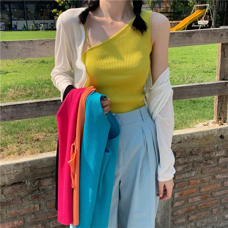 

Summer Sexy Fashion Basic Camis Crop Tops Vintage Tanks Knitting for Girls Slim Hot Erotic Bodycon Solid Irregular Shoulder Tops