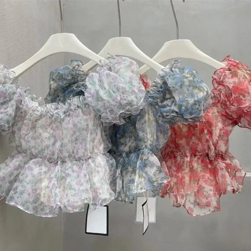 Женские рубашки Broken Flower 2024 блузки с квадратным воротником и короткими рукавами