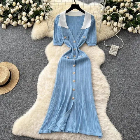 Neploe винтажное платье Moda со вставками во французском стиле, облегающее платье с отложным воротником и пышными рукавами, элегантное вязаное женское платье