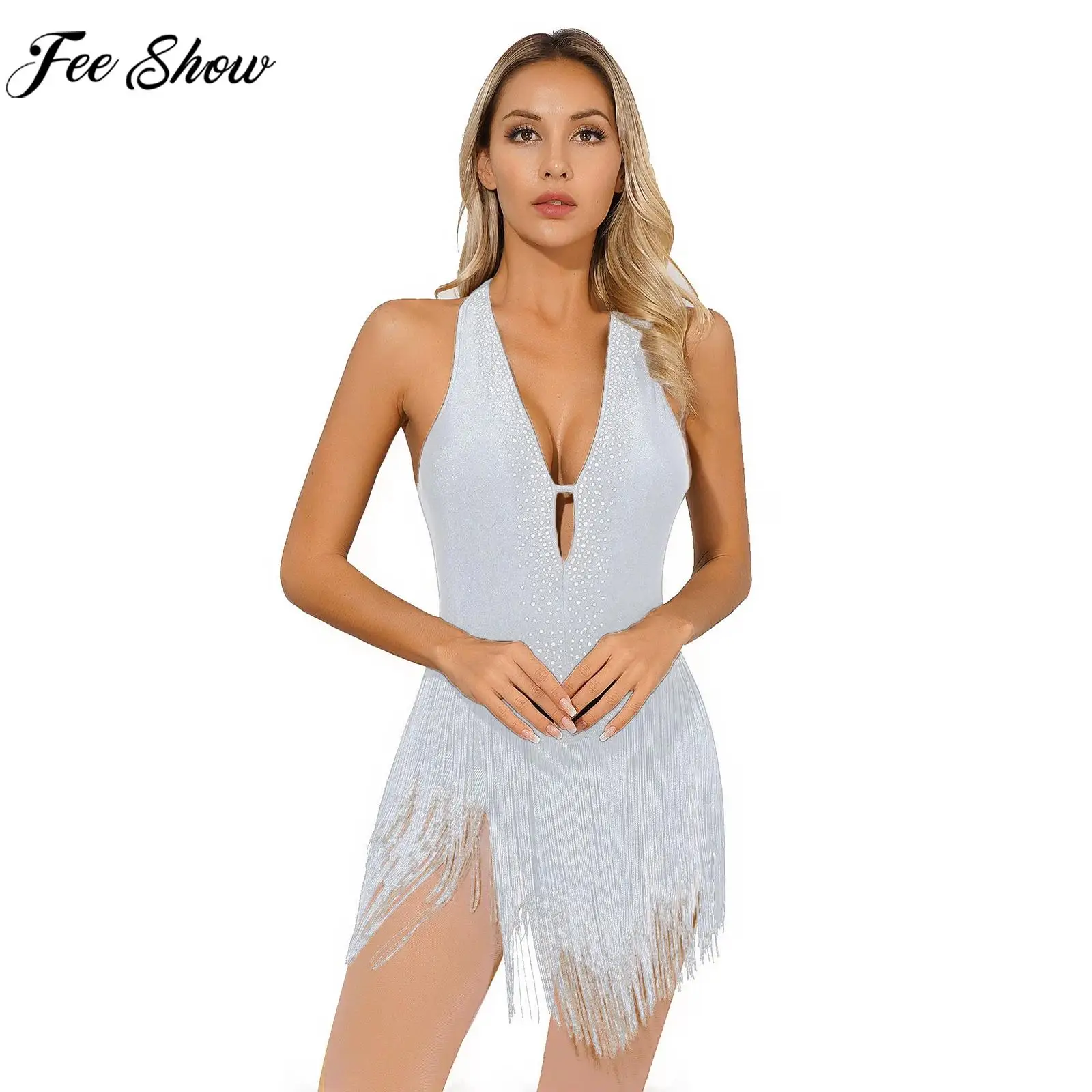 

Женское боди для латиноамериканских танцев, танго, Румба, ча-ча, сценическое Боди без рукавов, блестящее трико с глубоким V-образным вырезом и бахромой