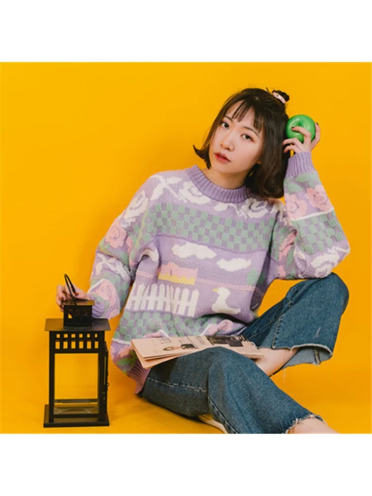 

MERRY PRETTY Cartoon Duck Embroidery Knitted Sweaters 2023 Winter Thick Warm Harajuku Jacquard Sweater Women Femmf Knit Pullover