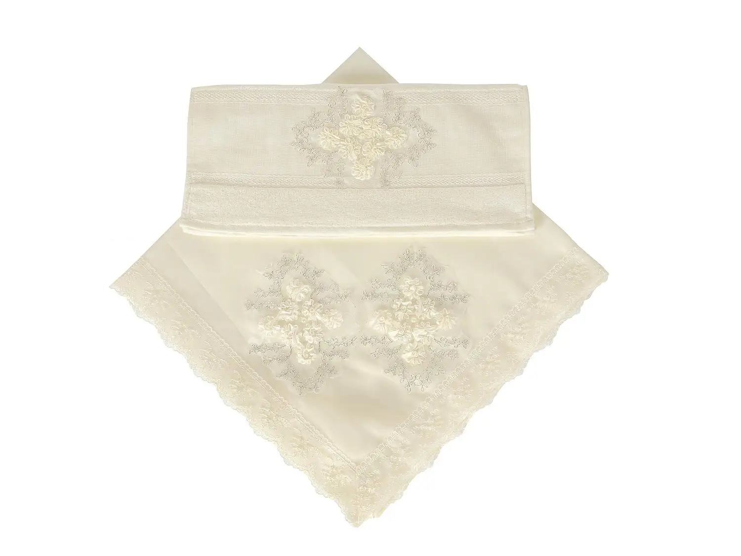 

French Laced Glbuse Satin Towel Bundle 2li Set Cream