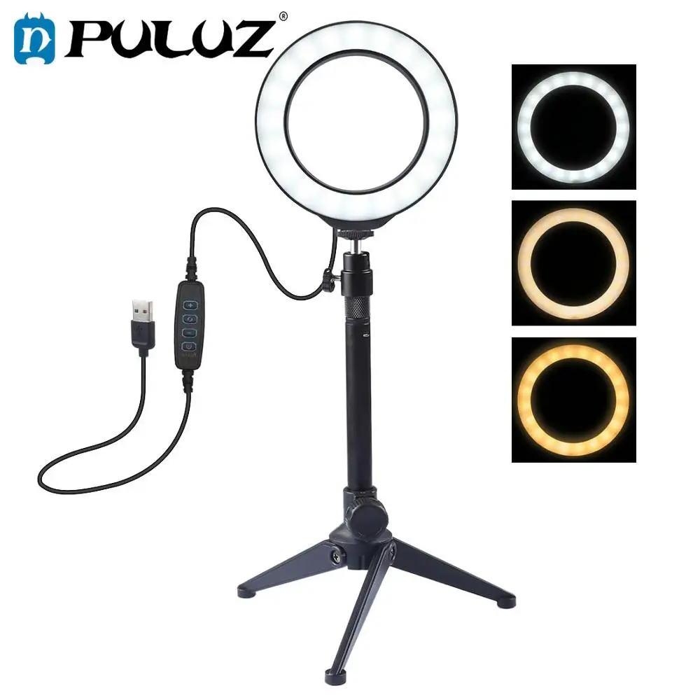 

PULUZ 4.7/ 6.2 inch 3 Modes Dimmable LED Selfie Ring Light Light Stand Cold Shoe Tripod Ball Head For YouTube Video Vlogging