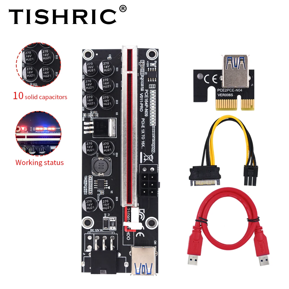 TISHRIC Pcie yükseltici 011 V011 Pro PCI-E 16x yükseltici PCI Express x16 USB3.0 kablo GPU çift 6Pin yükseltici kartı BTC madenci madencilik