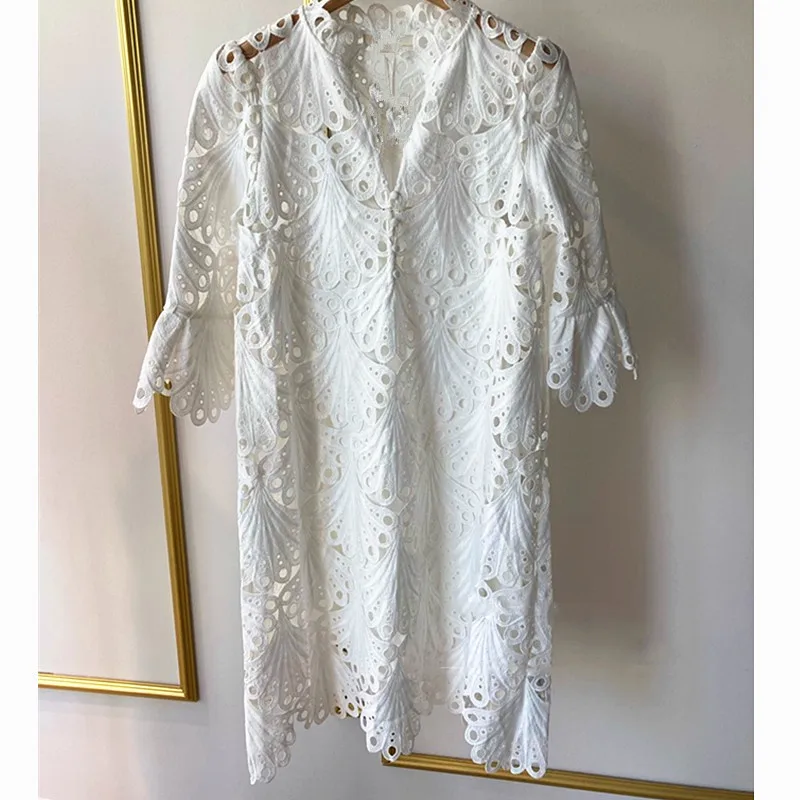 

Elegant Fashion Summer New Style Hollow Out Embroidery Flower Lace Two Piece Set Middle Sleeve V-neck Dress
