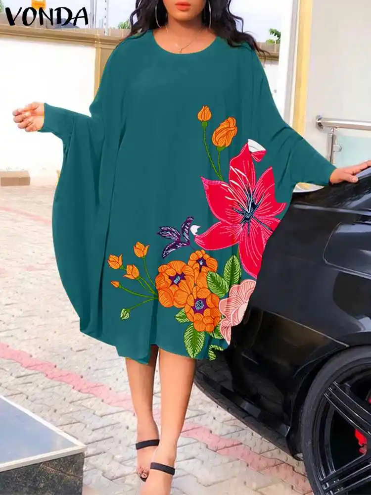 

2022 VONDA Oversize Floral Printed Bohemian Dress Elegant Women Bat Long Sleeve Party Robe Pleated Loose Beach Vintage Vestidos