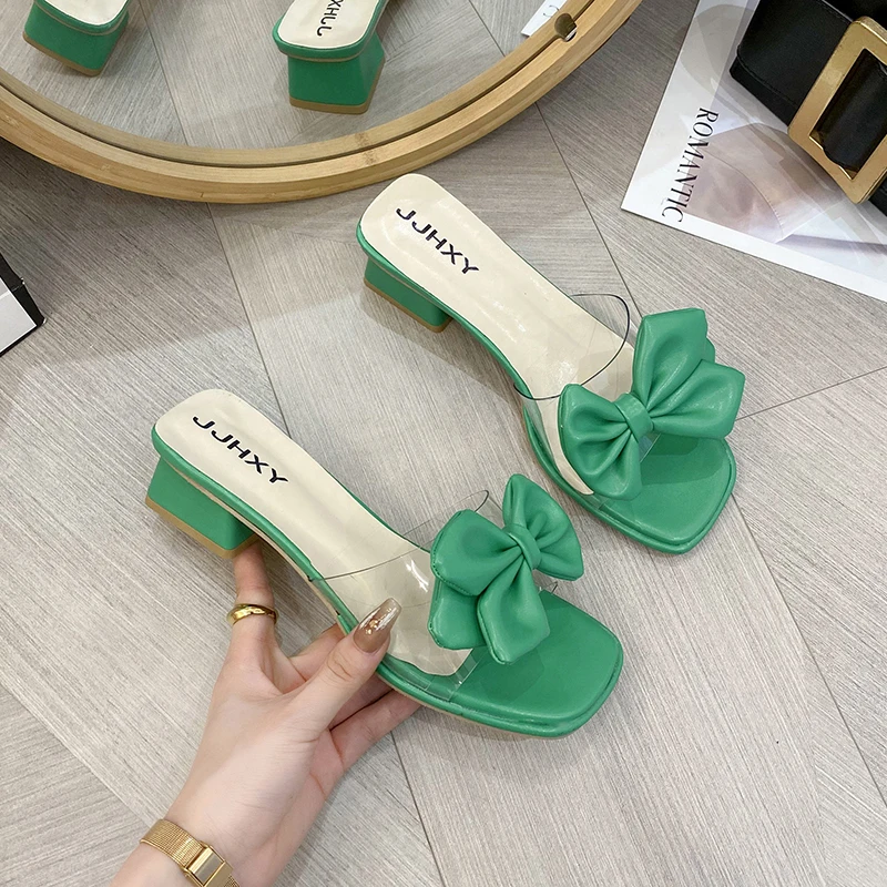 

Сандалии женские с открытым носком, босоножки с квадратным корнем и тапочки, прозрачные с бантом, простые модные тапочки, лето 2022