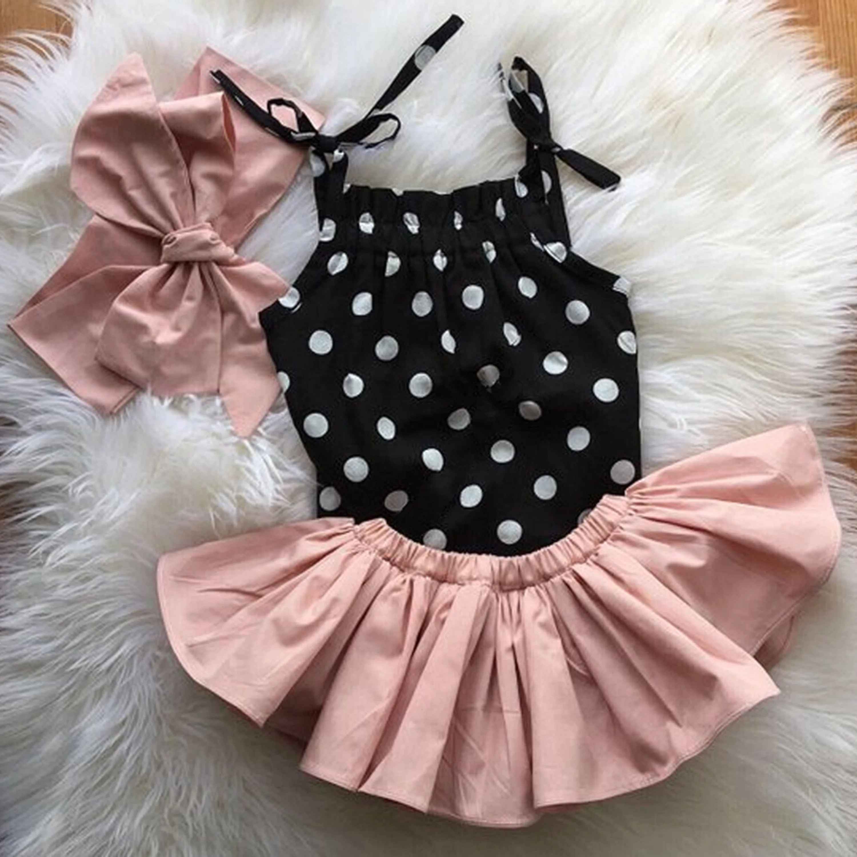 

Cheap Summer Baby Girl Cute Clothes Dot Strap Sleeveless Cotton Vest Romper Top Pink Skirts Headband 3pcs Clothing Outfits Set