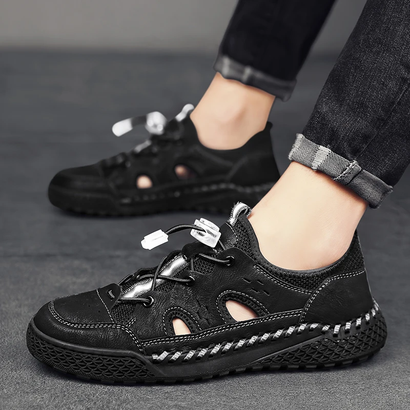 

Men Sandals Breathable Shoe Genuine Leather Handmade Sandals Outdoor Men's Slippers Summer Casual Beach Mesh Trekking Sneakers