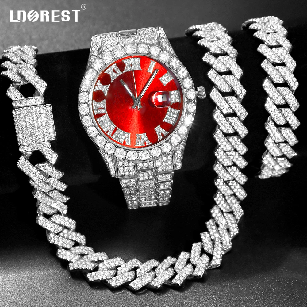 Necklace+Watch+Bracelet Iced Out Watch For Men Hip Hop 14MM Prong Cuban Chain Rapper Cuban Necklaces Set Punk Party Jewelry Gift