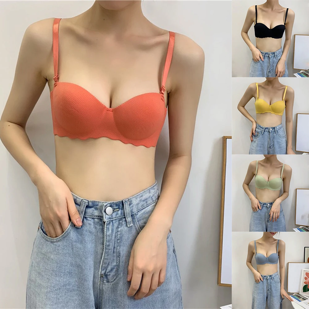 

Womens Sexy Solid Half Cup Bras Elastic Detachable Shoulder Strap Push Up Wireless Brassiere Casual Tank Top Intimate