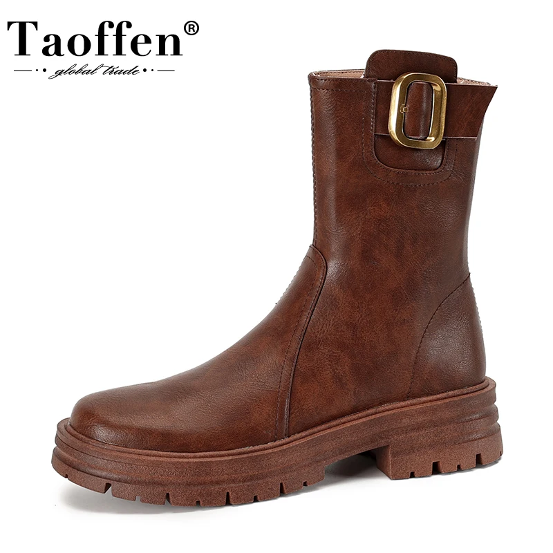 

Taoffen Women Chelsea Boots Genuine Leather Metal Buckle Thick Bottom Zipper Winter Warm Shoe Ladies Flats Female Platform Boots