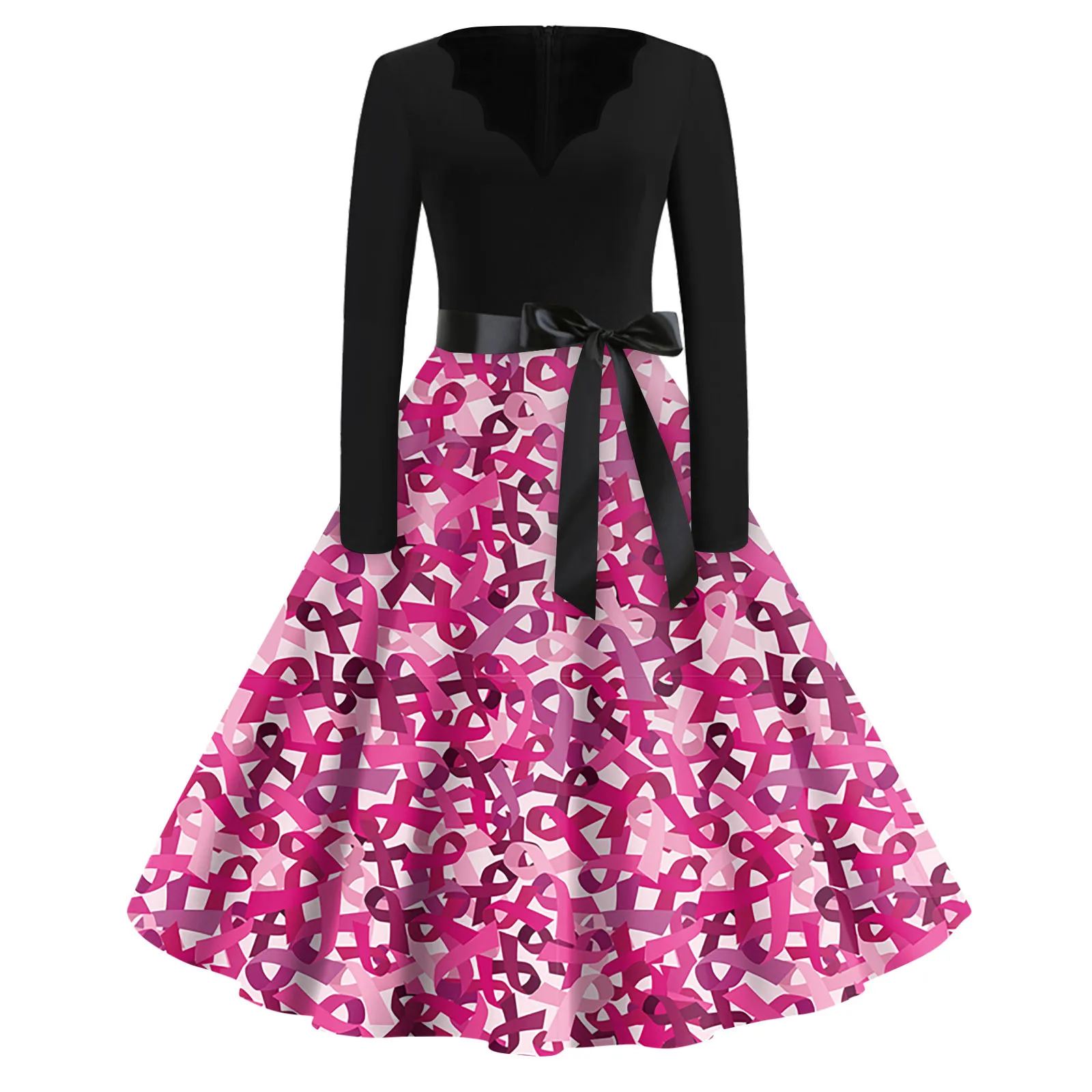 Женское модное винтажное платье с V-образным вырезом и длинным рукавом