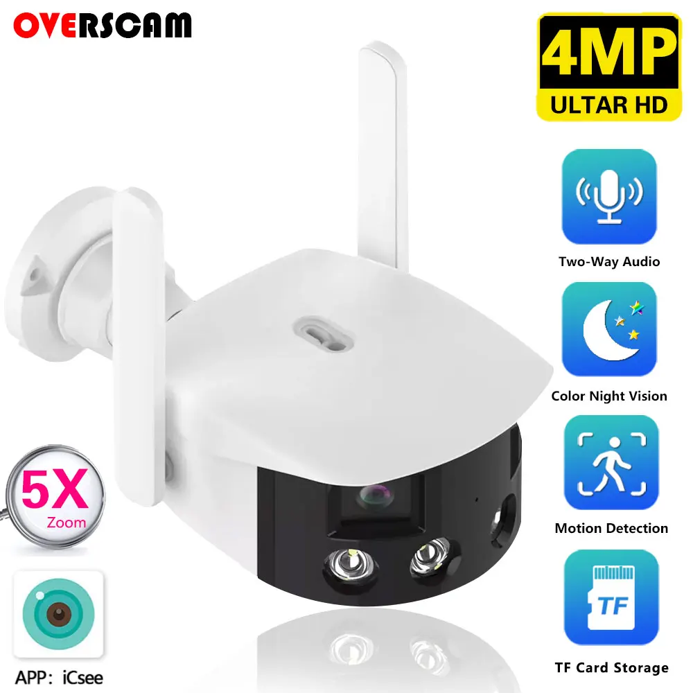 

Overscam utdoor 2K 4MP 180° Ultra Wide View Angle Panoramic WIFI Dual Lens Fixed IP Camera AI Human Detection Security Cam