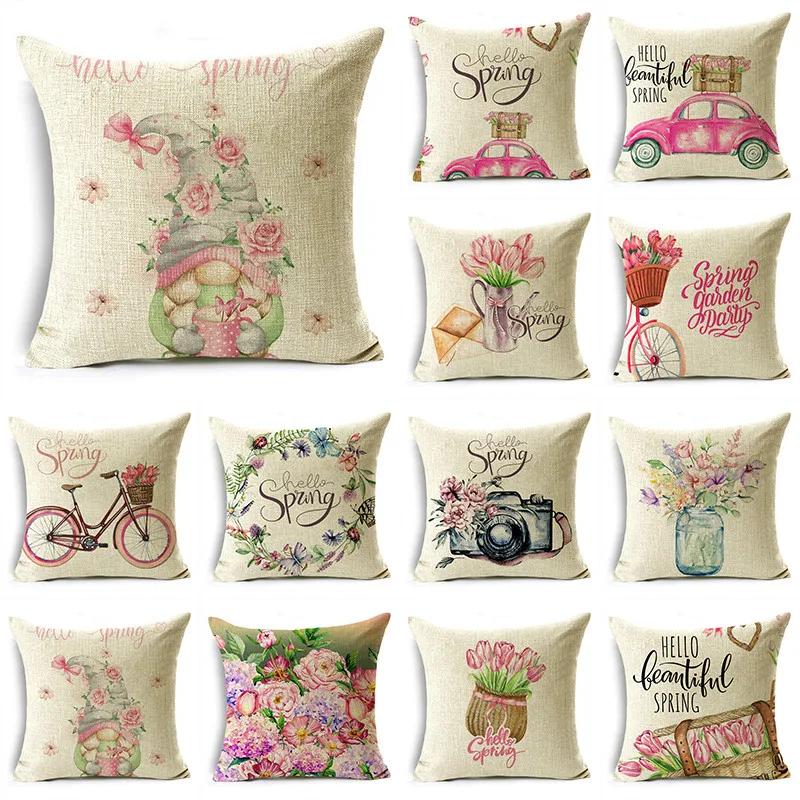 

Pink Flower Spring Tulip Camera Bottle Basket Bike Linen Throw Pillowcase Home Sofa Office Bedroom 40*40cm/45*45cm/50*50cm