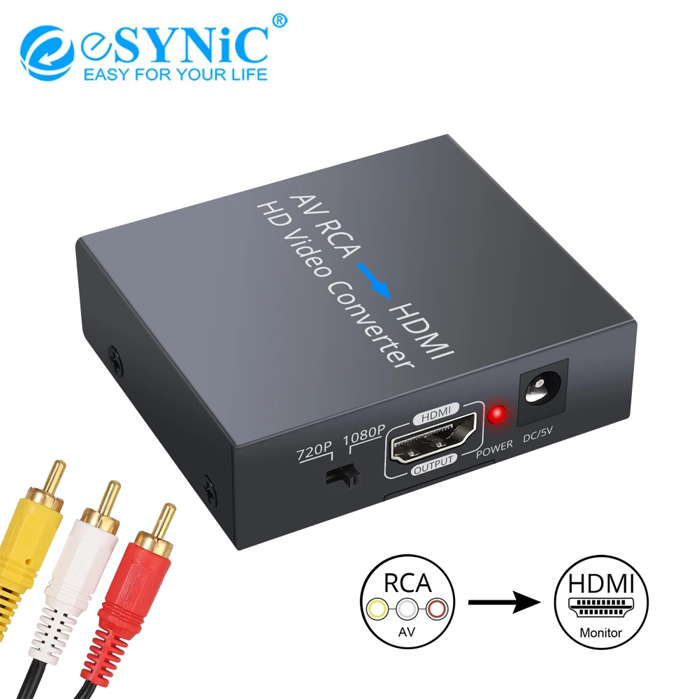 

eSYNiC 1080P RCA/AV to HDMI-compatible Converter Adapter RCA Composite CVBS Adapter Support PAL/NTSC For PC Xbox PS3 TV STB VHS