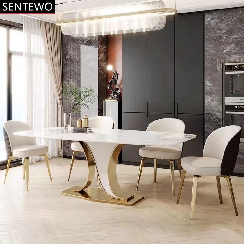 

SENTEWO Luxury Rock Slab Dining Table Chairs Set Stainless Steel Golden Frame Faux Marble Tables Dinner Chair Restaurant Marbre