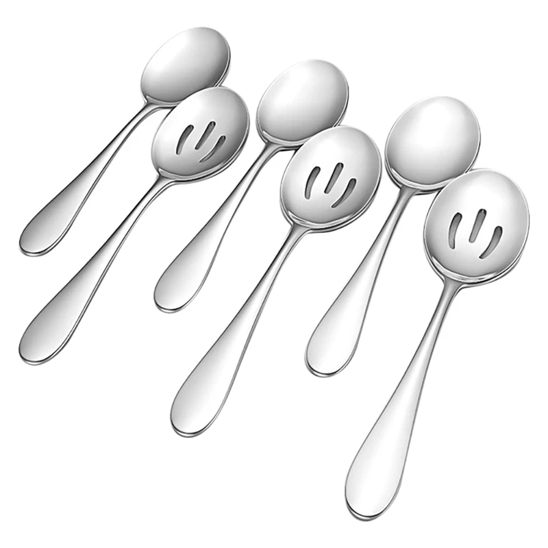 

Large Serving Spoons Set Of 6 -Stainless Steel Mirror Polished Utensils For Cooking, Mixing - Includes 3 Serving Spoons