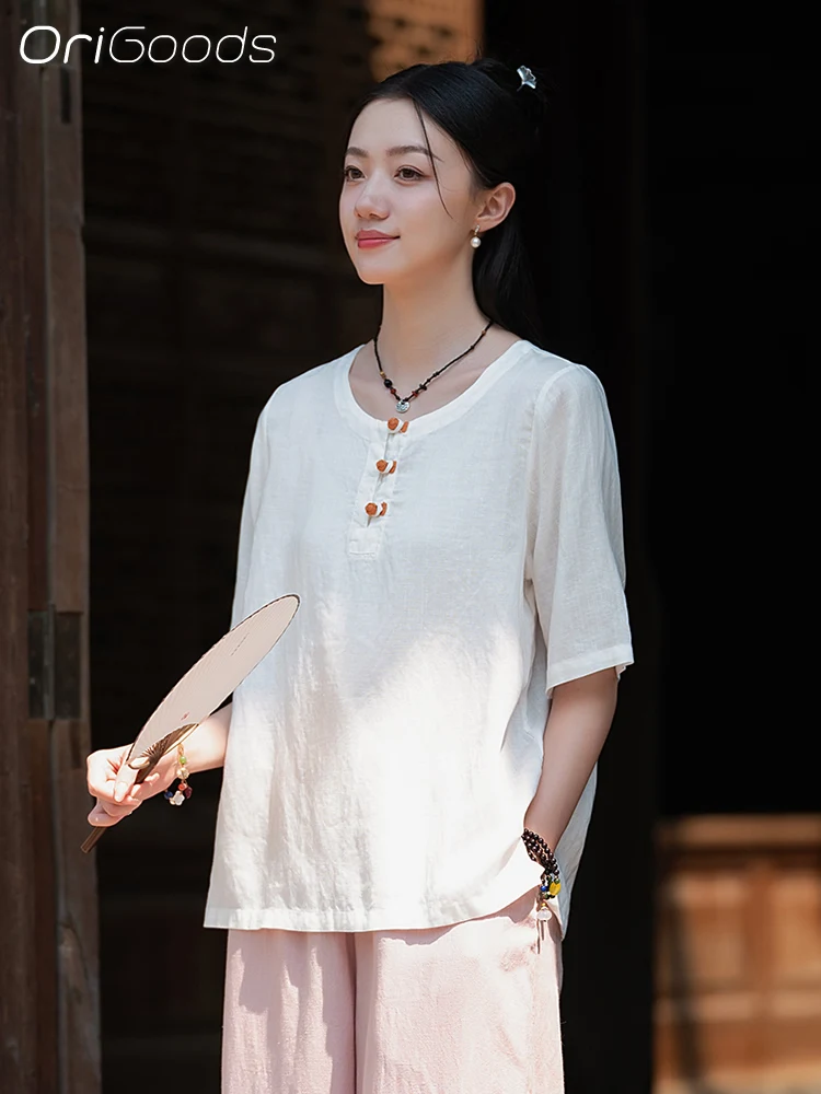 Новинка 2024 летняя Тонкая Блузка OriGoods футболка женские льняные крутые футболки в