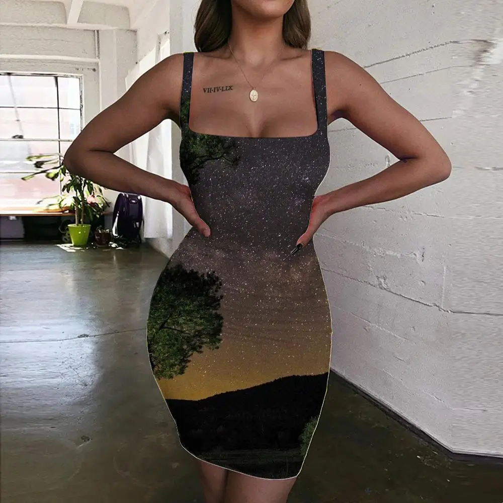 KYKU Night Sky Dress Women Starry Sky 3d Print Night Ladies Dresses Light Halter Sleeveless Tree Vestido Sexy Womens Clothing
