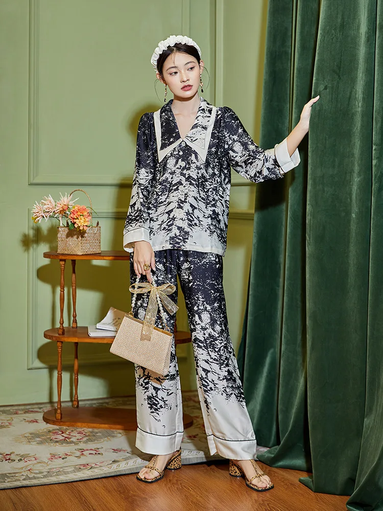 Pajamas ice silk two-piece set 2022 new fashion printing suit high-end silk sleepwear set two piece set summer