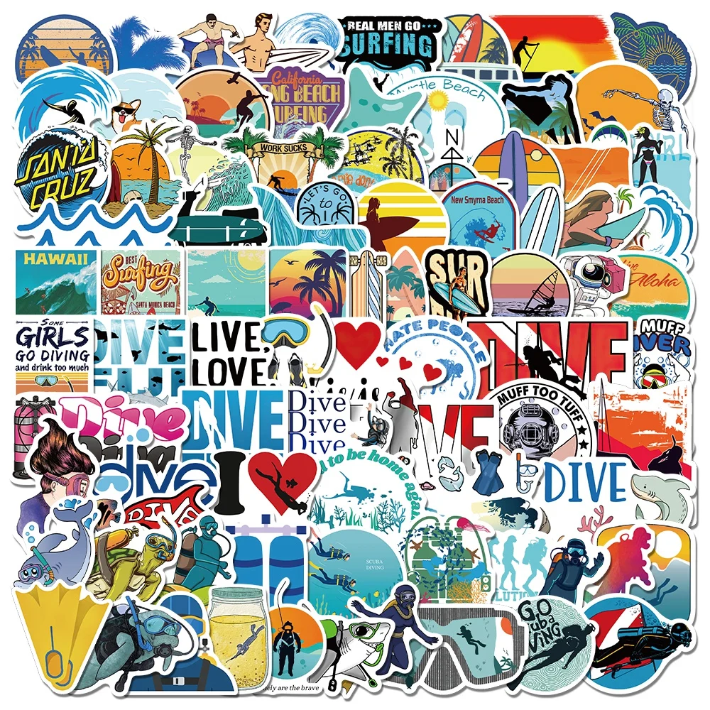 10/50/100pcs Summer Sports Stickers Surfing Diving VSCO Sticker for Surfboard Laptop Water Bottle Phone Skateboard Kids Toy