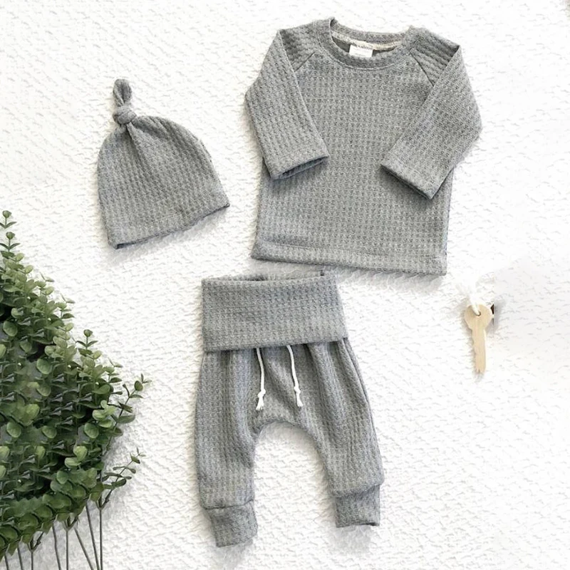 

Autumn Warm Harem Pants Waffle Ribbed Solid Unisex 3pcs Infant Newborn Bodysuits+elastic Pants Baby Cute Clothes Sets Girls Boy